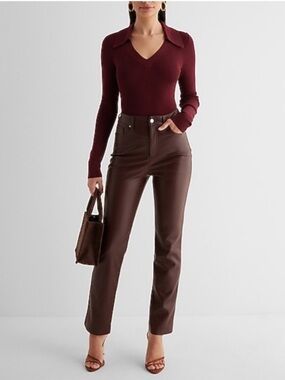 Express Super High Waisted Faux Leather '90s Slim Pant in Brown